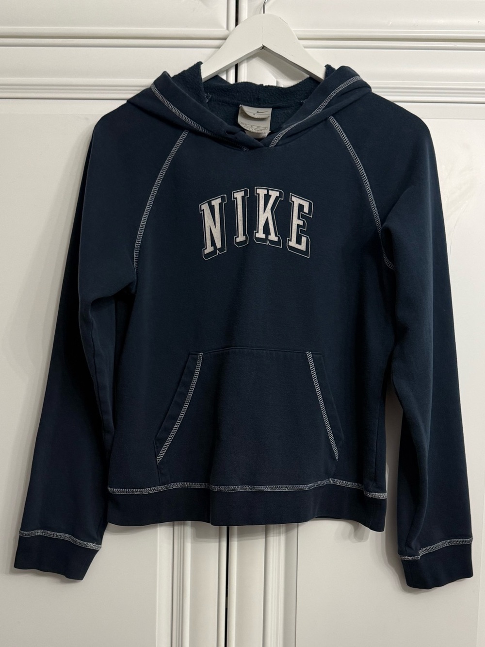 Vintage Nike Kids Small (4-6) Navy Pullover Hoodie NIKE Spell-Out Logo on Chest